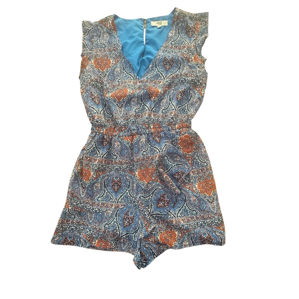 Jack by BB Dakota NWOT Paisley Romper Blue Rust Faux Wrap Elastic Waist S